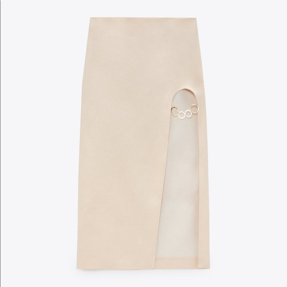 New Zara Midi Skirt 100% Linen Gold Detail - Picture 6 of 16